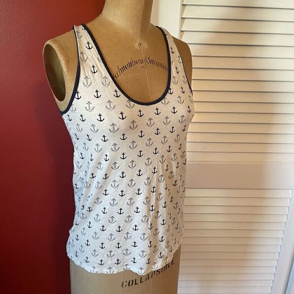 J CREW | cream with navy anchors tank top XS - Picture 3 of 7
